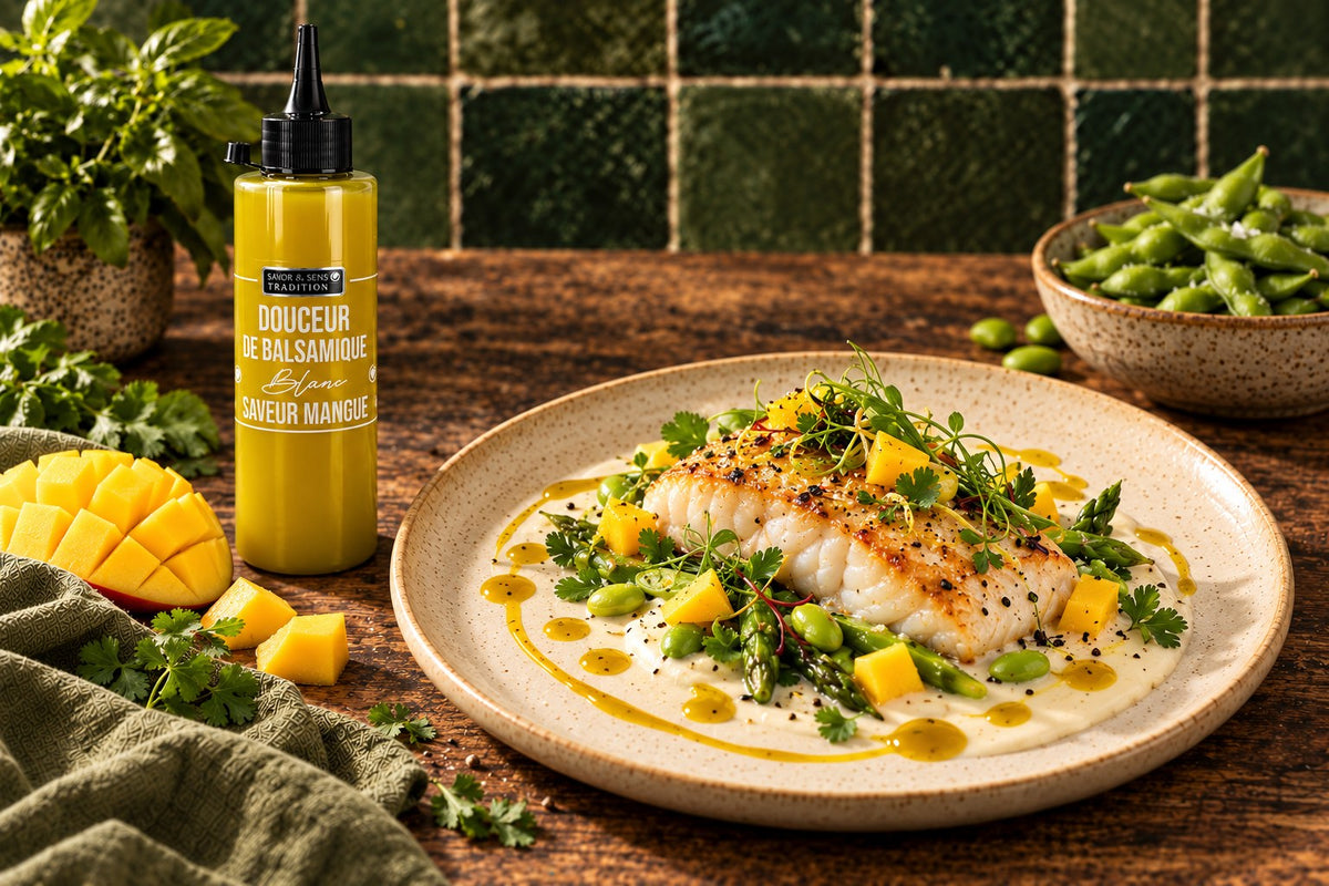 Stimmungsbild – Weiße Balsamico-Creme mit Mangogeschmack