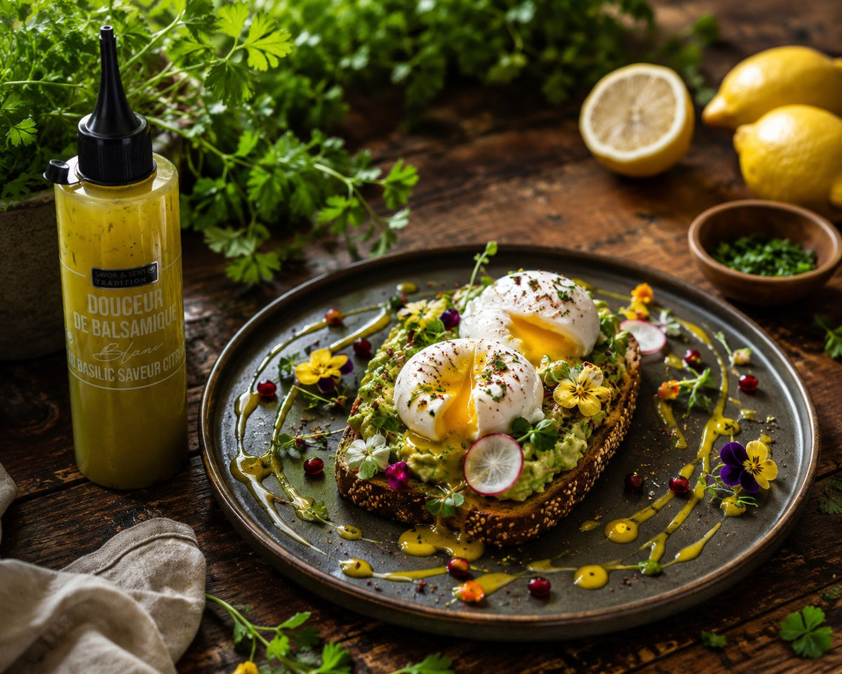 Stimmungsbild – Weiße Balsamico-Creme mit Basilikum und Zitrone
